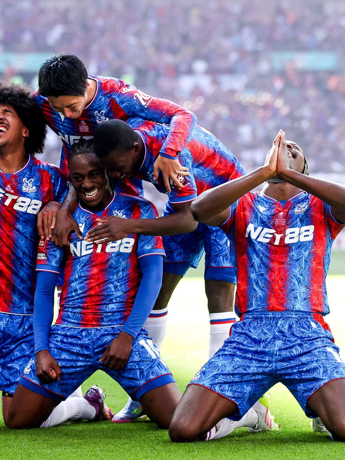 Emirates FA Cup Final Crystal Palace v Manchester City Eberechi Eze of Crystal Palace celebrates his goal with teammates to make it 1-0 during the Emirates FA Cup Final match Crystal Palace vs Manc...