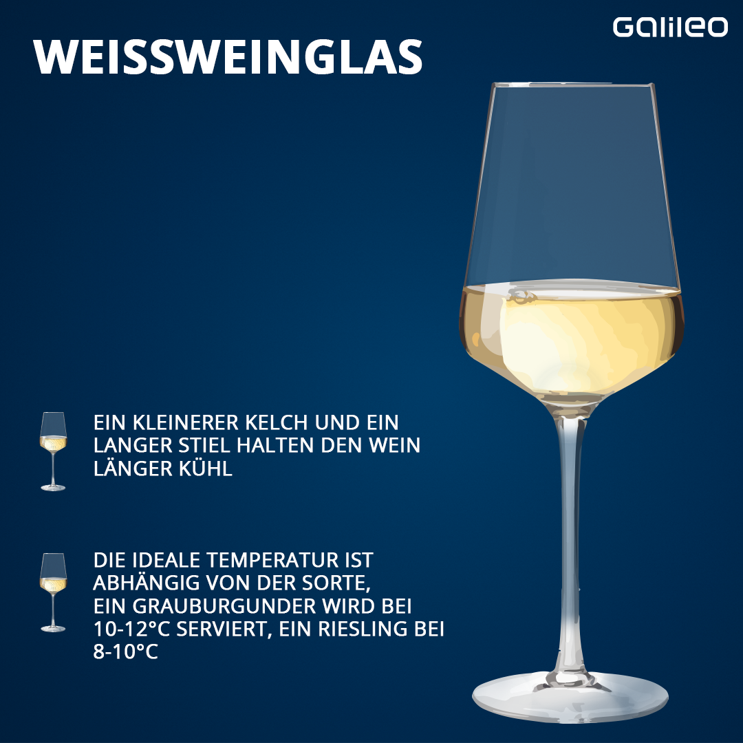Ein Weissweinglas ist im Vergleich zu einem Rotweinglas recht schmal. Die Form hält den Wein länger kühl.