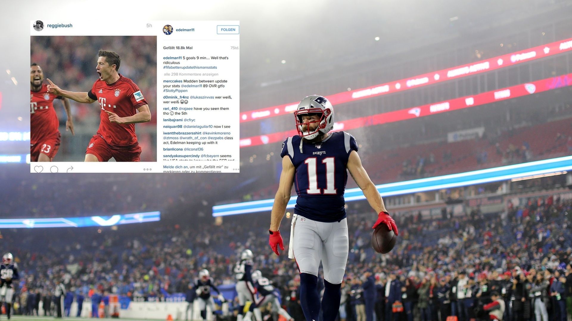 <strong>Julian Edelman</strong><br>Der ehemalige Star-Receiver der New England Patriots outete sich im September 2015 nicht speziell als Bayern-Fan, aber er war fasziniert von den fünf Toren, die Stürmer Robert Lewandowski im Spiel gegen Wolfsburg in nicht einmal zehn Minuten gelangen. Seine Begeisterung für den Fünferpack zeigte er auf seinem Instagram-Account.