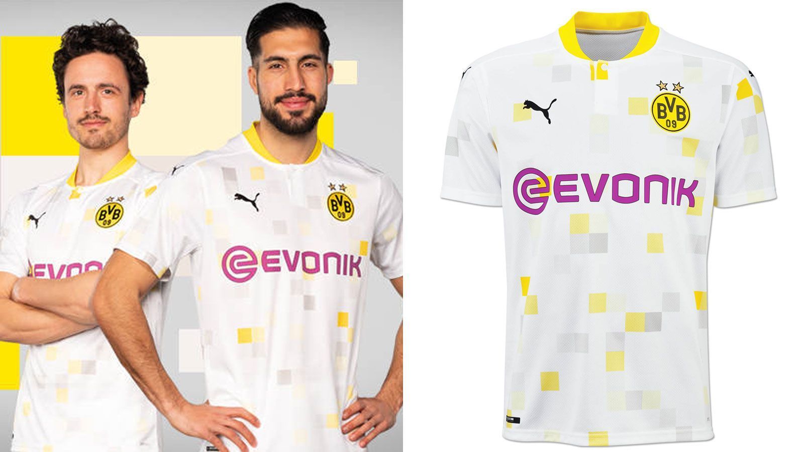 
                <strong>Borussia Dortmund (Cuptrikot 2020/21)</strong><br>
                Auch zur kommenden Saison werden die Dortmunder im DFB-Pokal und der Champions League ein eigens kreiertes Auswärts-Trikot überstreifen. Anders als in den vergangenen Jahren ist das Trikot fast komplett weiß und mit einigen gelben und grauen Quadraten versehen, die an Pixel erinnern. Für die Pokalwettbewerbe wechselt zudem der Sponsor von "1&1" zu "Evonik". 
              