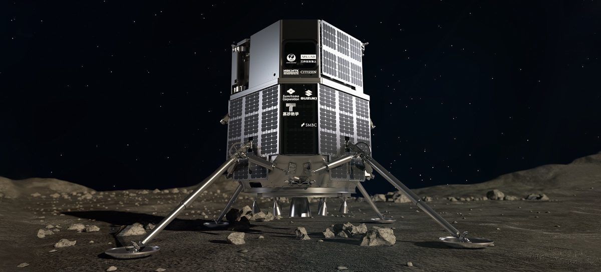 Die japanische Landefähre, die den arabischen Rover Rashid auf dem Mond absetzen soll. 