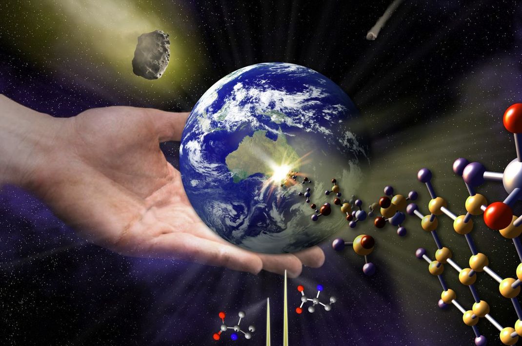 Leben aus dem All? Ziemlich verrückt klingt die Hypothese der Panspermie. Danach entstand das Leben an einem anderen Ort im Sonnensystem oder im Universum und gelangte erst durch beispielsweise einen Kometen auf die Erde. Das würde erklären, warum sich Organismen in nur so kurzer Zeit entwickeln konnten. Doch wie für alle anderen Ideen gilt auch hier: reine Spekulation.