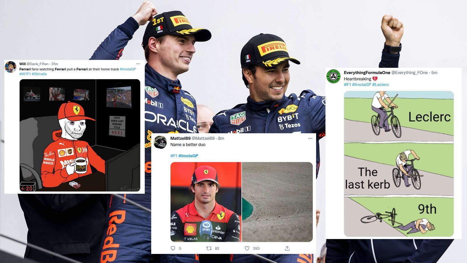 
                <strong>Die Netzreaktionen vom Ferrari-Debakel in Imola</strong><br>
                Frühes Aus für Carlos Sainz, später Fehler von Charles Leclerc - der Heim-Grand-Prix in Imola wurde für Ferrari zur Katastrophe. Max Verstappen und Sergio Perez sorgten hingegen für einen Doppel-Sieg für Red Bull, während Lando Norris der lachende Dritte war. ran fasst die besten Netzreaktionen zum Rennen für euch zusammen.
              