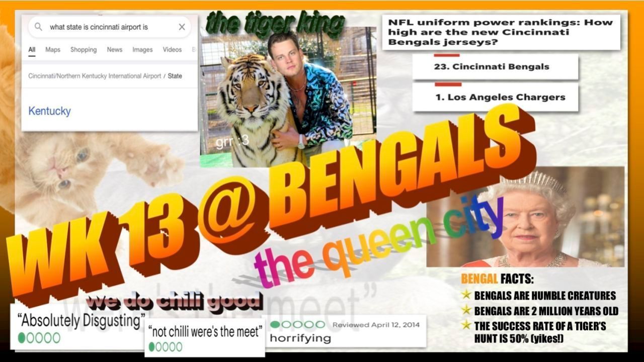 
                <strong>Week 13: @ Cincinnati Bengals</strong><br>
                "Tiger King" Joe Burrow und die Queen auf einem Bild, keine Frage, es geht gegen die Bengals in Woche 13.
              