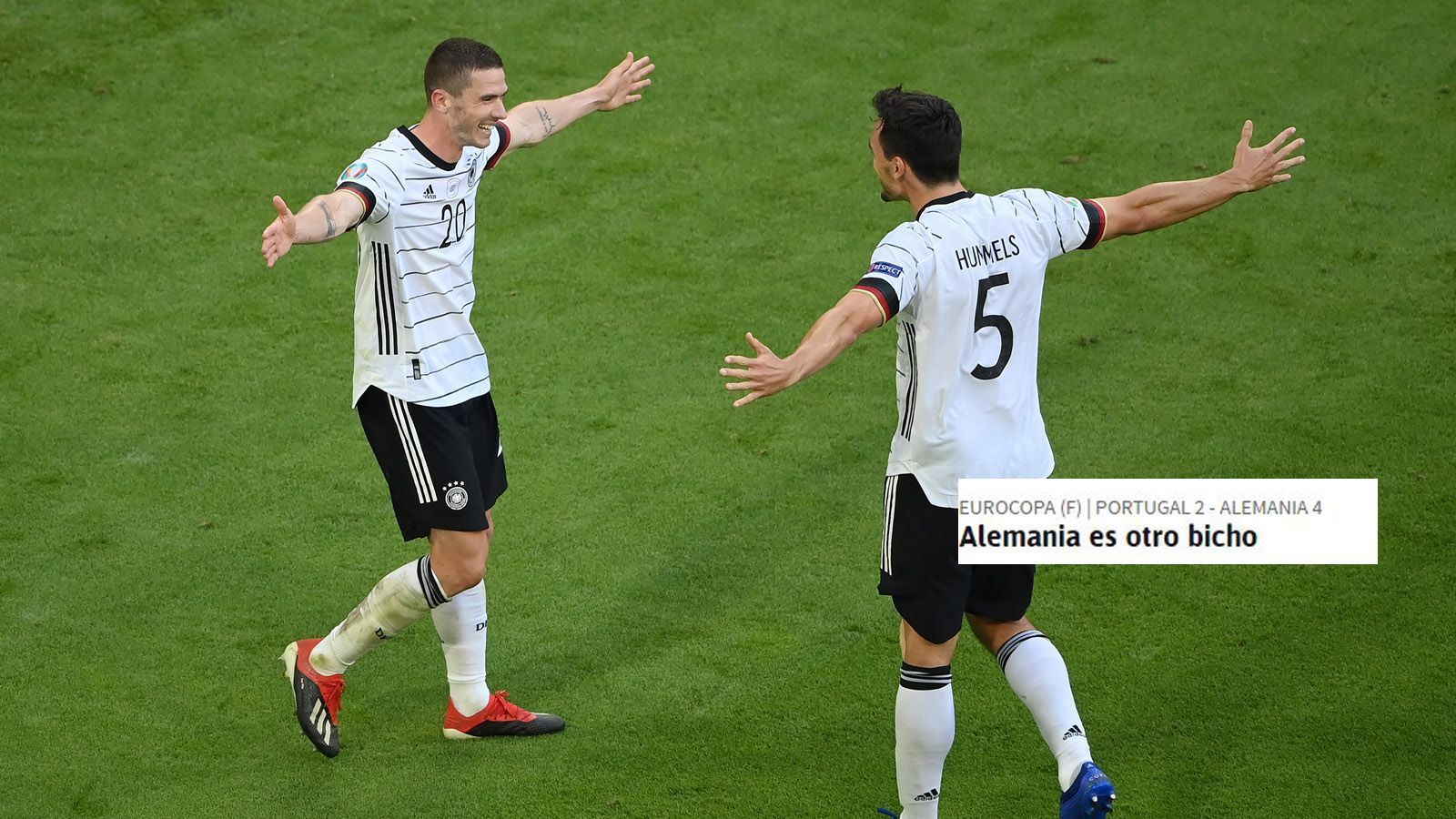 
                <strong>AS (Spanien)</strong><br>
                "Gosens war ein Viech! Deutschlands linker Flügelflitzer liefert eine Fußball-Show ab - mit zwei Assists und einem Tor." Und: "Deutschland ist in diesem Sechs-Tore-Spiel zu stark für Portugal: Portugal schaffte es nicht, die frühe Führung in der Allianz Arena zu verteidigen. Deutschland zeigte nach zwei Eigentoren keine Gnade."
              