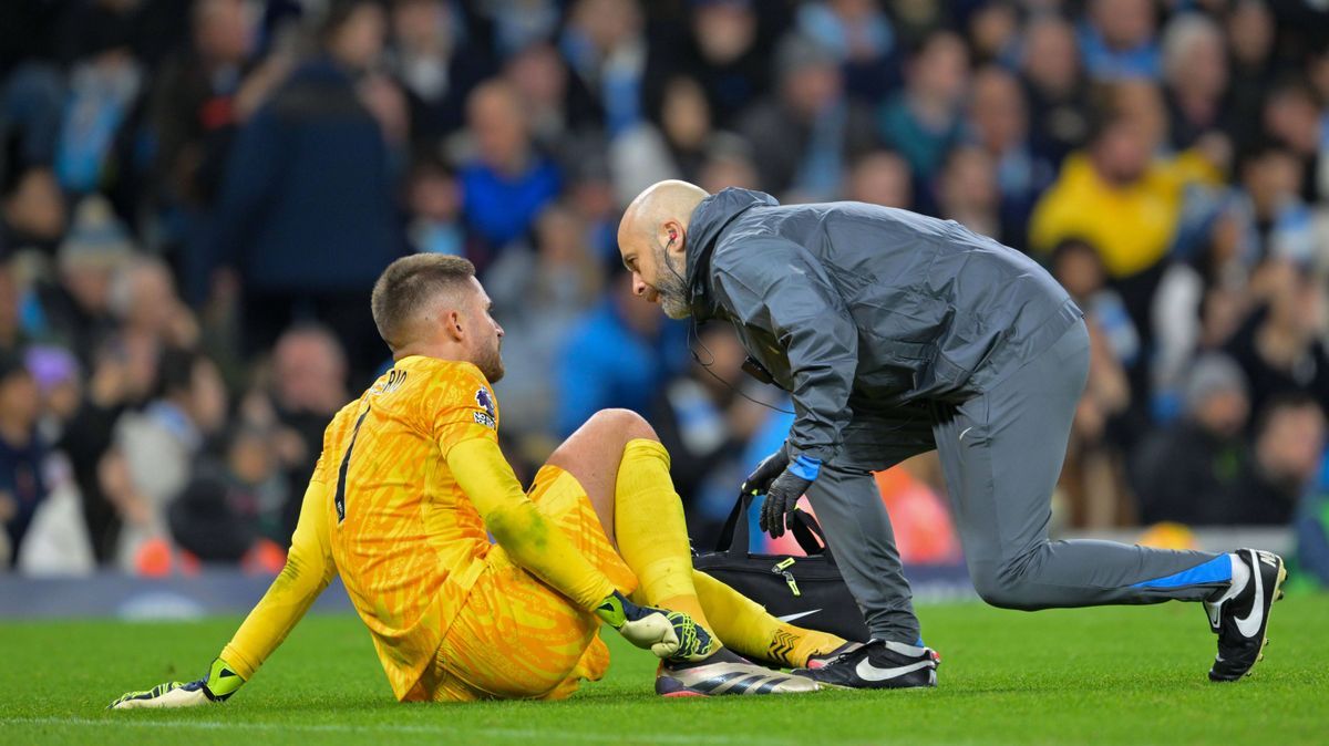 23rd November 2024; Etihad Stadium, Manchester, England; Premier League Football, Manchester City versus Tottenham Hotspur; Guglielmo Vicario of Tottenham Hotspur needs medical help after a tussle ...