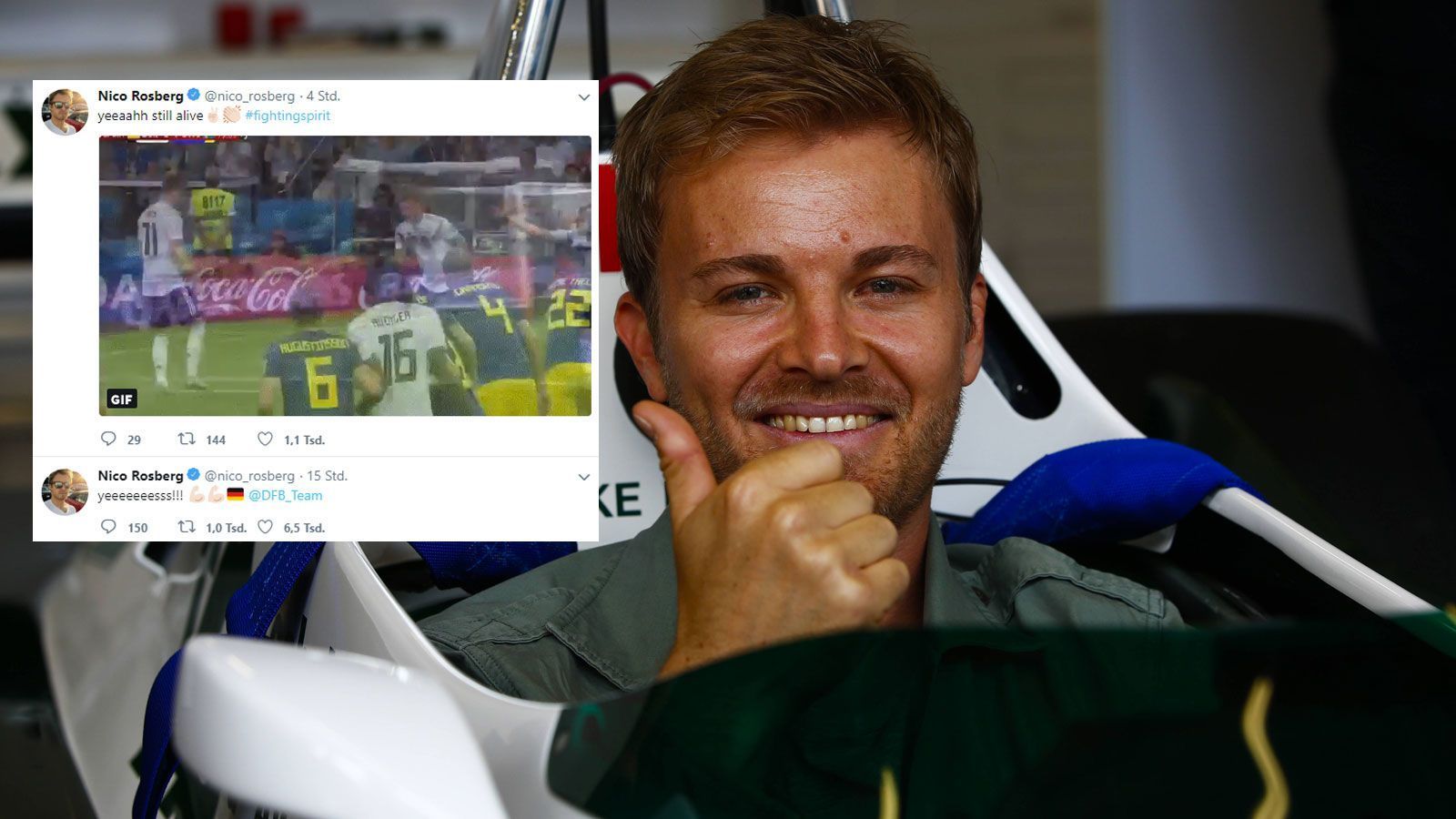 
                <strong>Nico Rosberg</strong><br>
                Nico Rosberg musste das Spiel auf der Hochzeit seines besten Freundes verfolgen. Auf Twitter postete er das Siegtor mit einem GIF und dem Hashtag #fightingspirit.
              