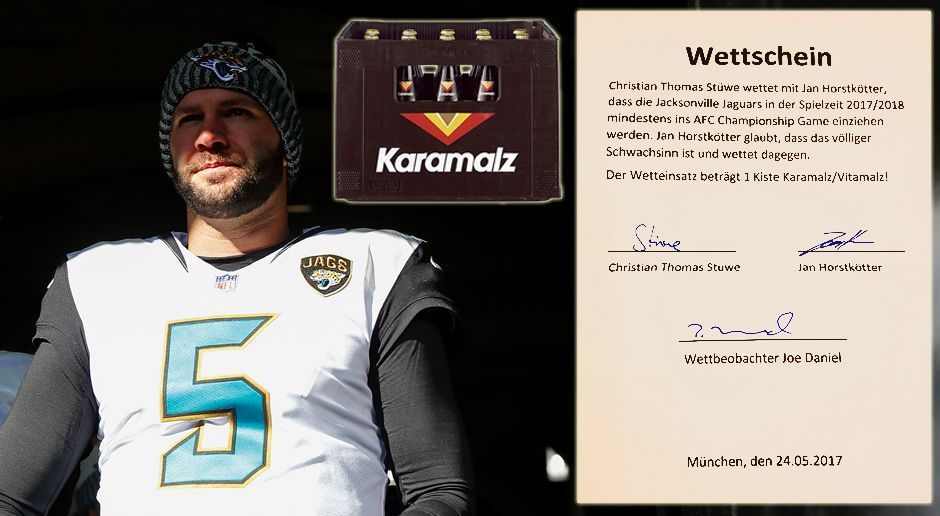 
                <strong>Dubiose ran-Wette</strong><br>
                Als wäre das alles nicht genug, waren die Jaguars auch noch Gegenstand einer mehr als dubiosen Wette zwischen zwei ran-Redakteuren. Christian S. wettete mit Jan H. im vergangenen Mai - ja, richtig: bereits im Mai! -, dass Jacksonville das AFC Championship Game erreichen würde. Lächerlich! Aber gut, äh, schlussendlich kam es halt tatsächlich so. Wetteinsatz war eine Kiste des wohl schmackhaftesten Getränks, das diese Welt je gesehen hat. Glückwunsch, Christian! Aber auch Schande über dich, weil du hiermit wohl viele Jugendliche dazu ermutigst, ebenso hanebüchene Wetten abzuschließen und dem Glücksspiel zu frönen. Pfui!
              