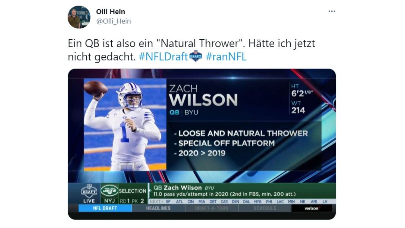 
                <strong>Der Quarterback - Ein "Natural Thrower"</strong><br>
                Die Analysen der TV-Experten in den USA sind meistens detailliert und hilfreich - meistens zumindest. Im Fall des neuen New York Jets-Quarterbacks Zach Wilson verwirrten die Experten eher mit ihren Stichpunkten zu seinen Eigenschaften.
              