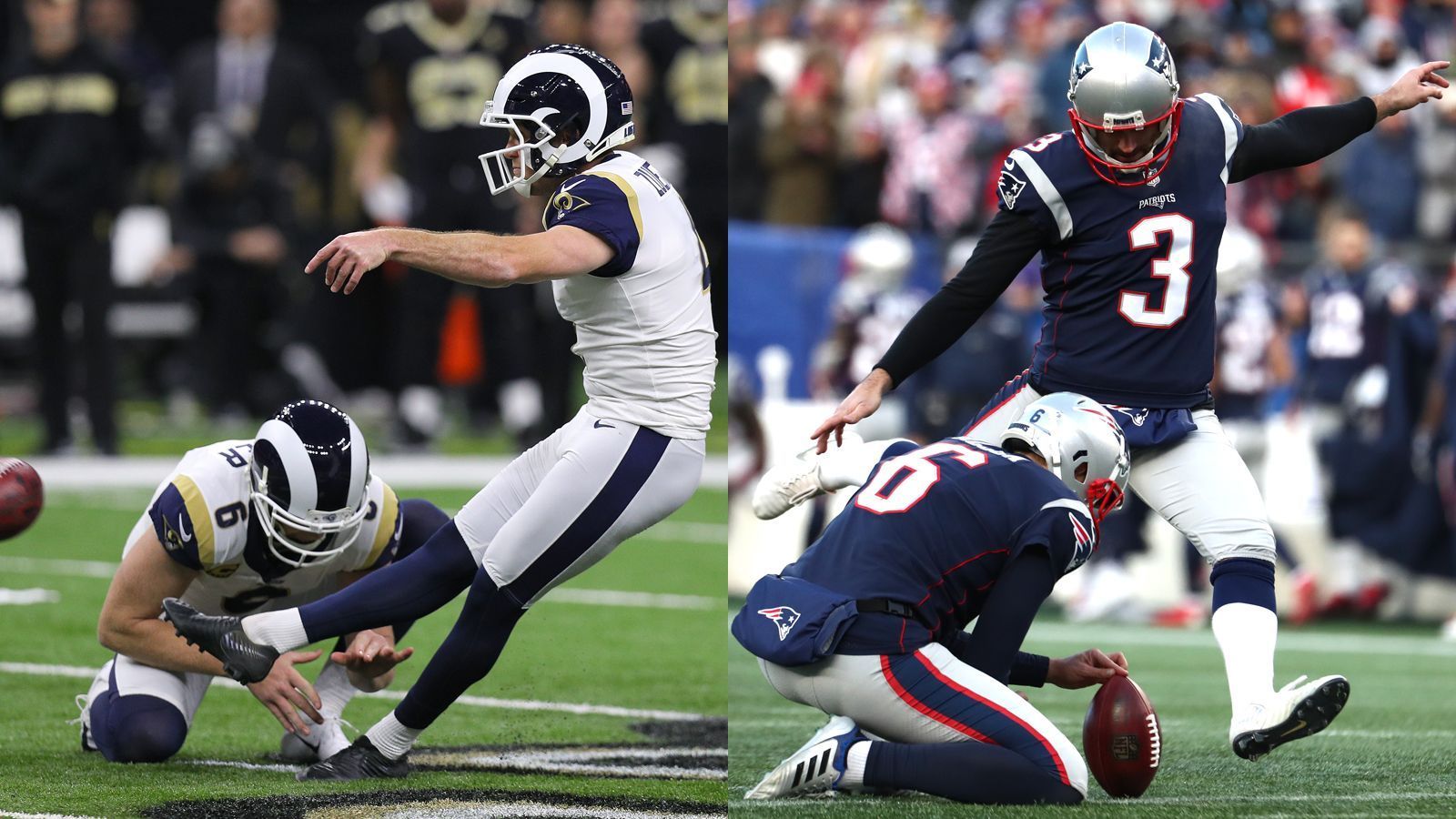 
                <strong>Kicker</strong><br>
                Rams-Kicker Greg "The Leg" Zuerlein war der Matchwinner im NFC Championship Game, als er erst mit einem Field Goal aus 48 Yards die Overtime erzwang und dann aus 57 Yards den Sieg erkickte. Auch seine vorherigen Stats (83 Prozent FG-Quote) sind ausgezeichnet. Aber: Zuerlein plagen schon seit Wochen Blessuren am Fuß. In der Trainingswoche vor dem Super Bowl musste er kürzertreten. Patriots-Kicker Stephen Gostkowski übertrifft die Stats seines Gegenübers in der Regular Season. In den Playoffs erlaubte er sich weder in Sachen Field Goals noch bei den Extra-Punkten einen Fehlschuss. Zwar kommt Gostkowski mit der Erfahrung von bereits fünf gespielten Super Bowls in die Partie. Doch in seinen bisherigen Super-Bowl-Auftritten war er durchaus fehleranfällig: Gegen die Eagles versemmelte er einen Field-Goal-Versuch und einen PAT. Auch im Jahr davor gegen die Falcons ging ein Extra-Punkt daneben. Das Duell geht an Super-Bowl-Neuling Zuerlein. Punkt Rams: 4:5!
              