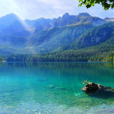 Tovelsee (Lago di Tovel), Italien: Blick auf den malerischen Alpensee in den Dolomiten