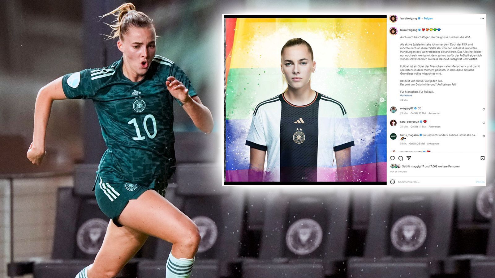 
                <strong>Laura Freigang (DFB-Nationalspielerin)</strong><br>
                "Auch mich beschäftigen die Ereignisse rund um die WM. Als aktive Spielerin stehe ich unter dem Dach der FIFA und möchte mich an dieser Stelle klar von den aktuell diskutierten Handlungen des Weltverbandes distanzieren. Das Alles hat leider nur noch sehr wenig mit dem zu tun, wofür der Fußball eigentlich stehen sollte: nämlich Fairness, Respekt, Integrität und Vielfalt. Fußball ist ein Spiel der Menschen - aller Menschen - und damit spätestens in dem Moment politisch, in dem diese einfache Grundlage völlig missachtet wird. Respekt vor Kultur? Auf jeden Fall. Respekt vor Diskriminierung? Auf keinen Fall. (Quelle: Instagram)
              