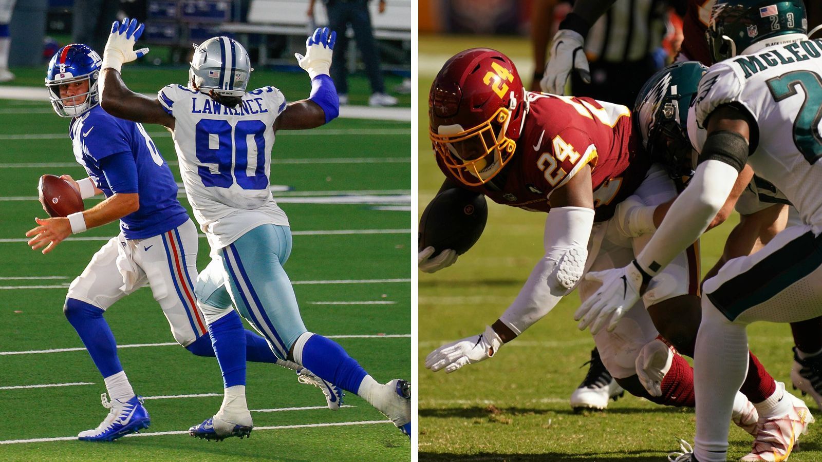 
                <strong>Woche 17: Dallas Cowboys at New York Giants und Washington Football Team at Philadelphia Eagles </strong><br>
                Der beste Beweis für die Unberechenbarkeit des Jahres 2020: die NFC East. Wo sich vor der Saison alle Experten darüber einig waren, dass die Division sicher zwischen den Dallas Cowboys und den Philadelphia Eagles entschieden wird, sind es nun die New York Giants und das Washington Football Team, die im Fernduell um die Postseason kämpfen. Beiden haben bisher fünf Siege gesammelt. Für die Giants spricht der gewonnene direkte Vergleich, für Washington der vermeintlich einfachere Schedule gegen Teams wie die Panthers und die 49ers. Sollten die Rivalen am letzten Spieltag immer noch gleichauf sein, bahnt sich ein echter Fernduell-Krimi an.
              