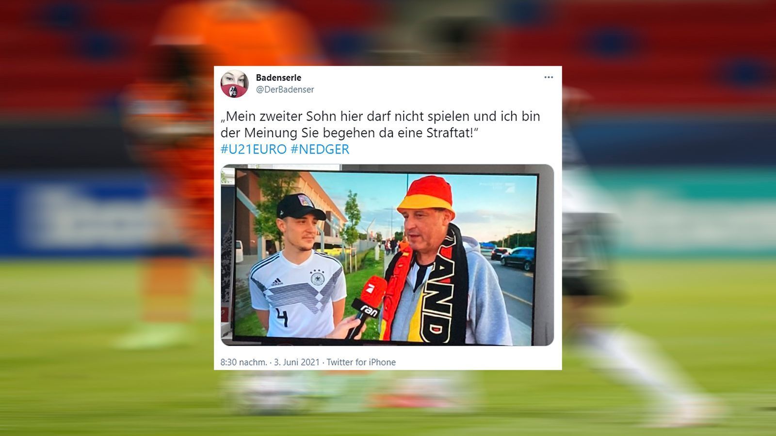 
                <strong>Familie Schlotterbeck zum Daumendrücken vor Ort.</strong><br>
                Schon vor dem Spielbeginn stand der Vater von U21-Star Nico Schlotterbeck bei ran am Mikrofon. Er reiste mit Nicos Bruder nach Ungarn, um beim Halbfinale der deutschen Mannschaft live dabei zu sein. 
              