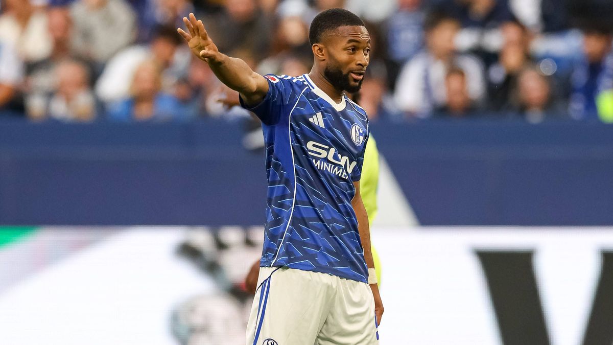 Gelsenkirchen, Deutschland, 01.08.25: Moussa Sylla (FC Schalke 04) gestikuliert, Gestik waehrend des Spiels der 2. Bundesliga zwischen FC Schalke 04 - Hertha BSC Berlin in der Veltins-Arena am 01. ...
