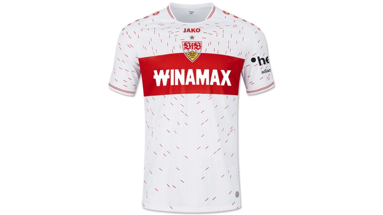 <strong>Platz 6: VfB Stuttgart<br></strong>Oft prangt das Wappen auf der linken Seite, wo das Herz liegt. Der VfB stellt anlässlich des 130. Jubiläums das Logo in die Mitte - immerhin wirkt es dank der Akzente, die der Kontur des Wappens folgen, wie ein schlagendes Herz. Das Muster fällt dabei ins Auge, ohne zu erschlagen. Die Idee, das Wappen hervorzuheben, missglückt aber, weil der Brustring zu breit und das Logo zu klein geraten sind.