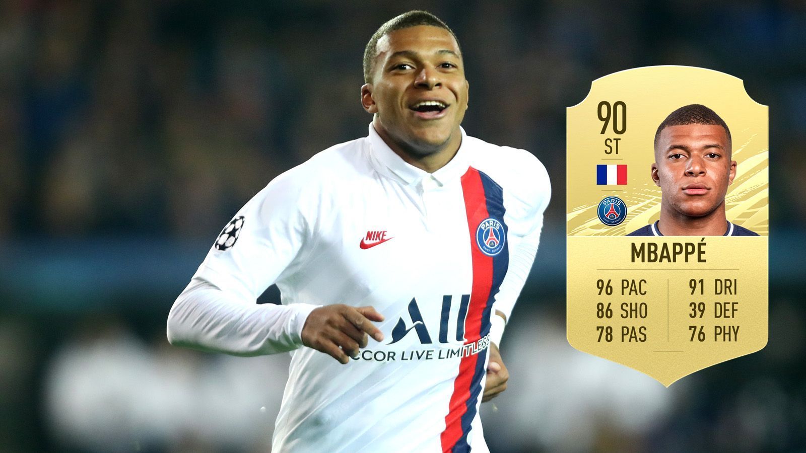 
                <strong>Kylian Mbappe (Paris Saint-Germain/ Frankreich)</strong><br>
                 - Tempo-Wert: 96 - Gesamtbewertung: 90 - Position: Stürmer
              