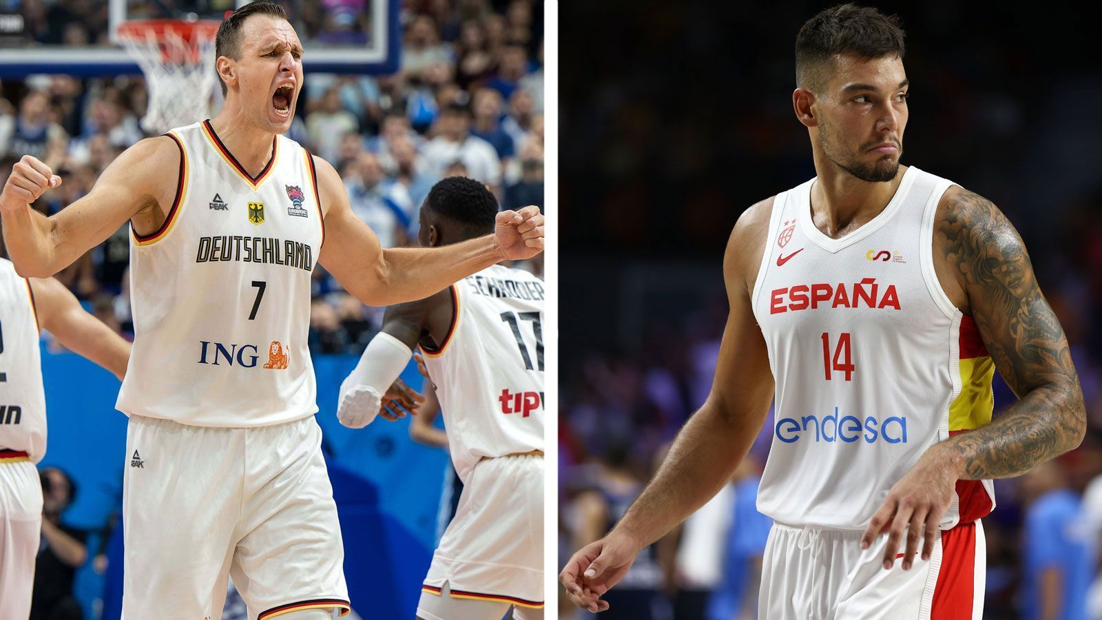 
                <strong>Center: Johannes Voigtmann gegen Willy Hernangomez</strong><br>
                Undankbares Duell für den deutschen Starting-Center Johannes Voigtmann. Willy Hernangomez spielt eine herausragende Europameisterschaft, was sich auch in den Statistiken widerspiegelt. 17,9 Punkte und 7,1 Rebounds steuert der Center durchschnittlich bei - absolute Top-Werte bei gut 21 Minuten Einsatzzeit pro Spiel. Voigtmann ist zwar einer der besten Center in Europa, doch gegen den Profi der New Orleans Pelicans hat er das Nachsehen. Punkt für Spanien, 4:1.
              