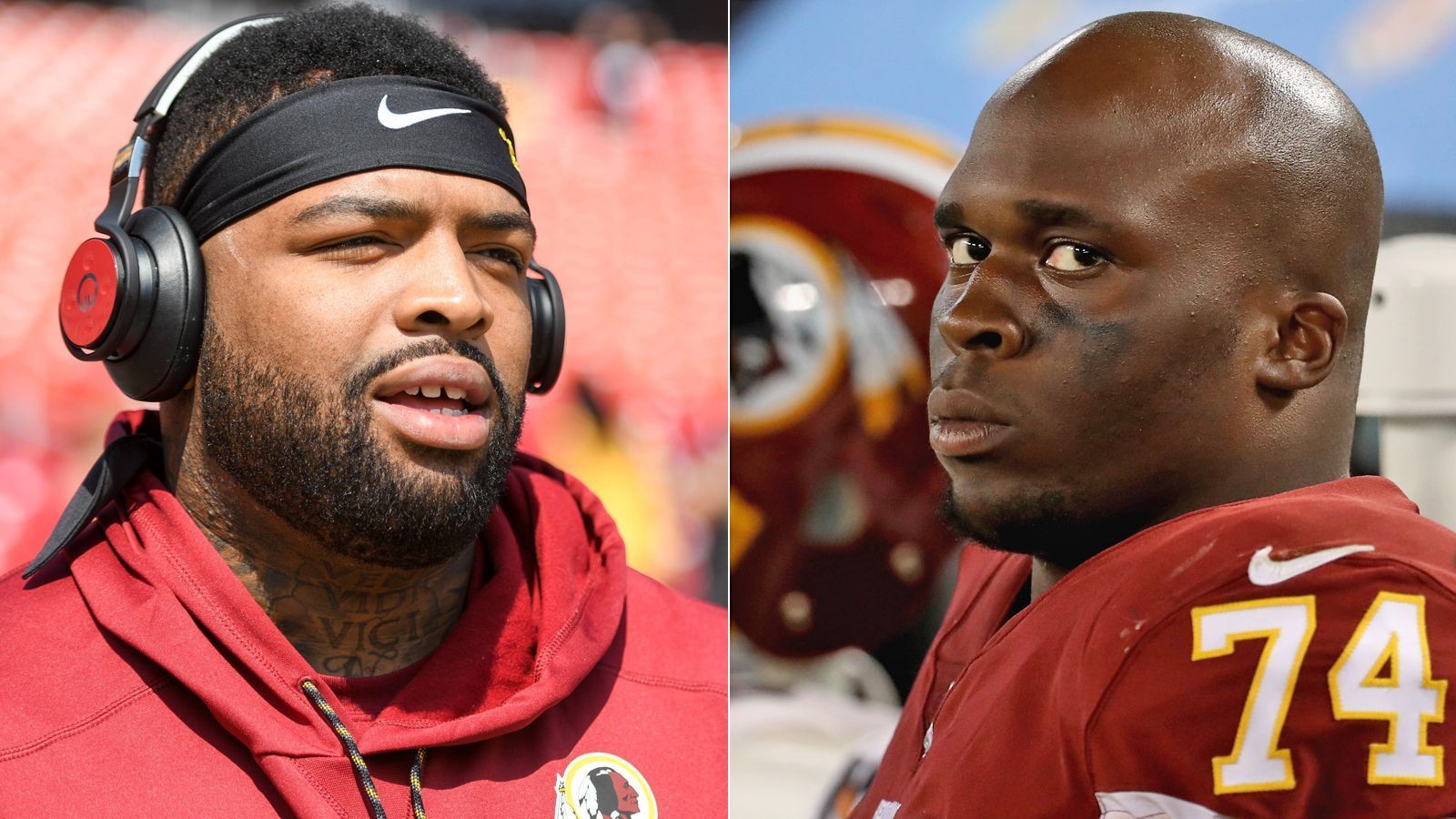 
                <strong>Trent Williams und Arie Kouandjio (Washington Redskins)</strong><br>
                Als Offensive Lineman hat Trent Williams (Foto links) einige Pfunde auf den Rippen. Doch um sein Gewicht zu halten, braucht es kein Fleisch - davon ist der Profi der Washington Redskins überzeugt und ernährt sich deshalb vegan. Ihn selbst überzeugte eine Dokumentation zu diesem Thema. Und er wiederum konnte mit dieser Einstellung auch seinen Mitspieler Arie Kouandjio (Offensive Guard, Foto rechts). Tackle Isaiah Williams ist zum Pescetarier geworden, statt Fleisch isst er nun viel Fisch. 
              