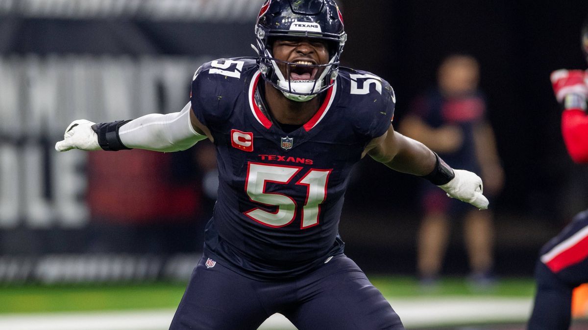 NFL, American Football Herren, USA 2025: Chargers vs Texans JAN 11 January 11, 2025: Houston Texans defensive end Will Anderson Jr. (51) celebrates after a sack during a playoff game between the Lo...