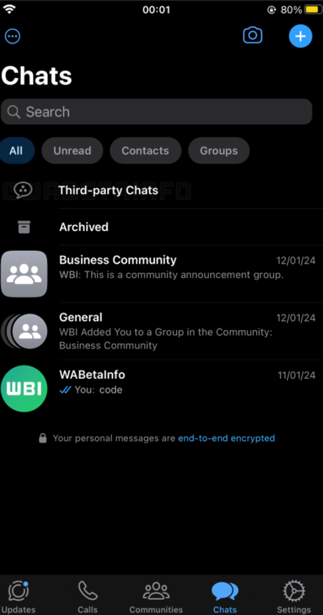 Ein Screenshot auf der Internetpräsenz von Wabetainfo.com zeigt, wie die plattformübergreifenden Chats gespeichert werden.