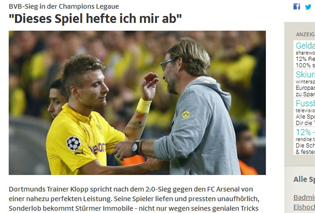 
                <strong>Süddeutsche Zeitung</strong><br>
                Auch die Süddeutsche zitiert den BVB-Trainer: "Dieses Spiel hefte ich mir ab" und geht auf Ciro Immobiles großen Auftritt mit seinem Super-Solo ein.
              