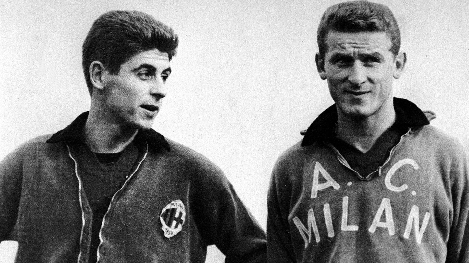 
                <strong>Giovanni Trapattoni (Spieler beim AC Mailand)</strong><br>
                Giovanni Trapattoni (re.) wechselte 1957 im Alter von 18 Jahren zum AC Mailand. Dort war er 13 Jahre lang die Konstante im defensiven Mittelfeld von Milan und reifte auch zum italienischen Nationalspieler. Zwei Mal gewann er die Champions League, einmal den Europapokal der Pokalsieger und zwei Mal den Titel in der Serie A.
              