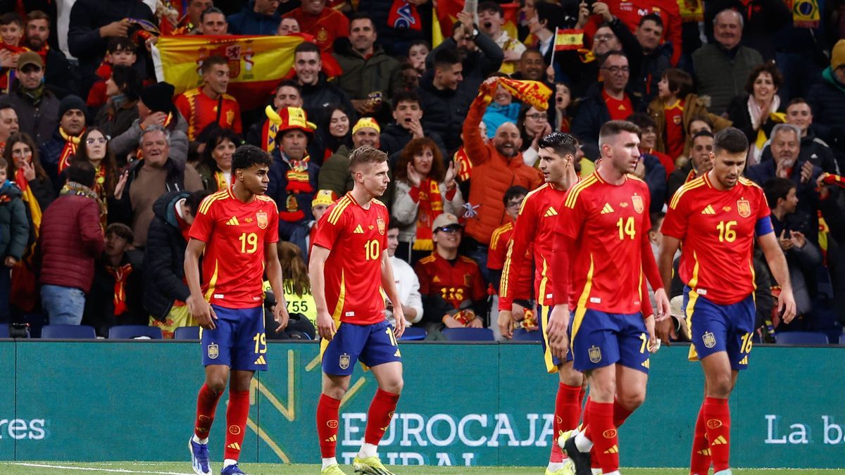 March 26, 2024, Madrid, Madrid, SPAIN: Dani Olmo of Spain celebrates a goal during the International Friendly, Länderspiel, Nationalmannschaft football match played between Spain and Brazil at Sant...