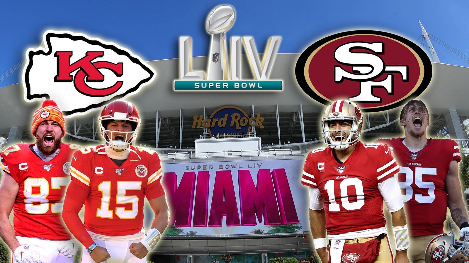 
                <strong>Super Bowl LIV: Chiefs und 49ers im Head-to-Head-Vergleich</strong><br>
                Im Hard Rock Stadium von Miami wird es gekürt, das Siegerteam der 100. NFL-Saison. Das Duell im Super Bowl LIV lautet Kansas City Chiefs gegen San Francisco 49ers (So., ab 22:45 Uhr live auf ProSieben und ran.de). Vor dem Kickoff zieht ran.de den Head-to-Head-Vergleich zwischen den beiden Conference-Champions.
              