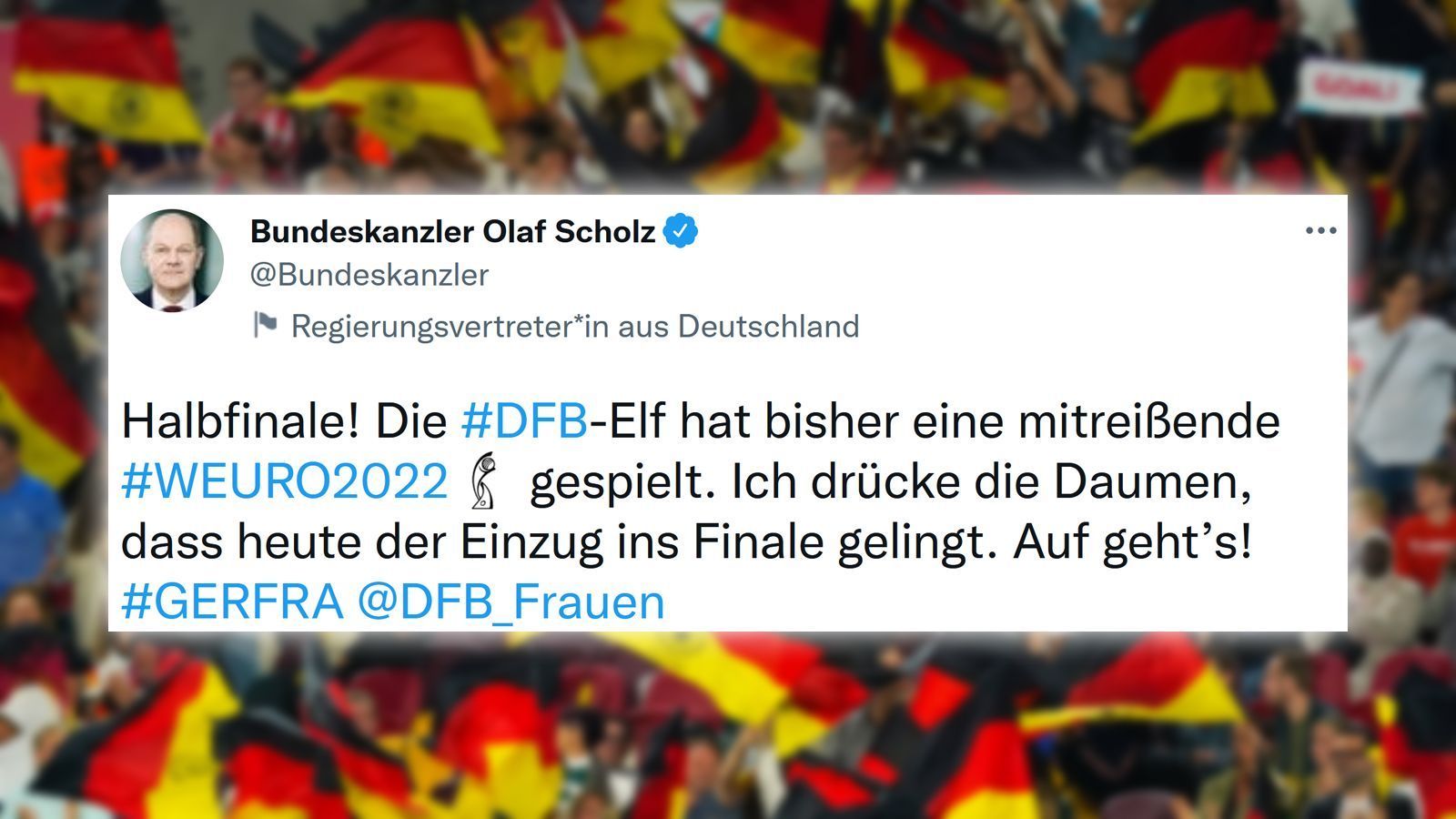 
                <strong>Bundeskanzler drückt DFB-Frauen die Daumen</strong><br>
                Im Vorfeld der Partie drückte Bundeskanzler Olaf Scholz der DFB-Elf auf Twitter die Daumen.
              