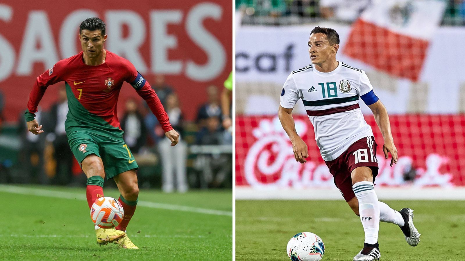 
                <strong>Spieler mit den meisten Länderspielen</strong><br>
                &#x2022; Cristiano Ronaldo (Portugal, links): 191 Länderspiele<br>&#x2022; Andres Guardado (Mexiko, rechts): 179 Länderspiele<br>
              