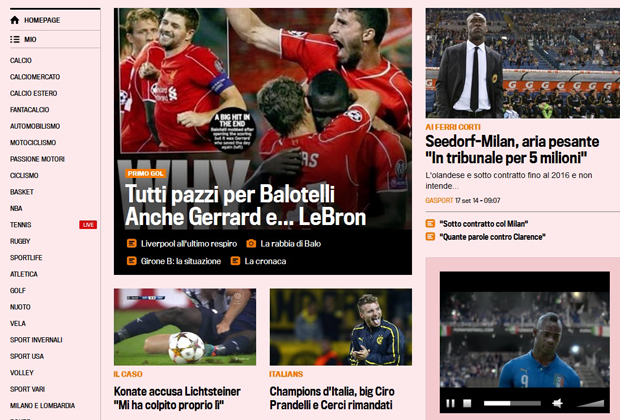 
                <strong>Gazzetta dello Sport</strong><br>
                Die Gazzetta dello Sport widmet sich ebenfalls dem BVB-Stürmer. Darüber hinaus ist nicht Juve das große Thema, sondern Liverpool mit Mario Balotelli.
              
