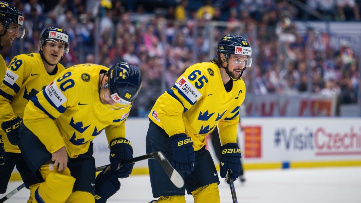 240512 Erik Karlsson of Sweden celebrates after scoring 3-0 during the 2024 IIHF Ice hockey, Eishockey World Championship, WM, Weltmeisterschaft group stage game between Sweden and Poland on May 12...