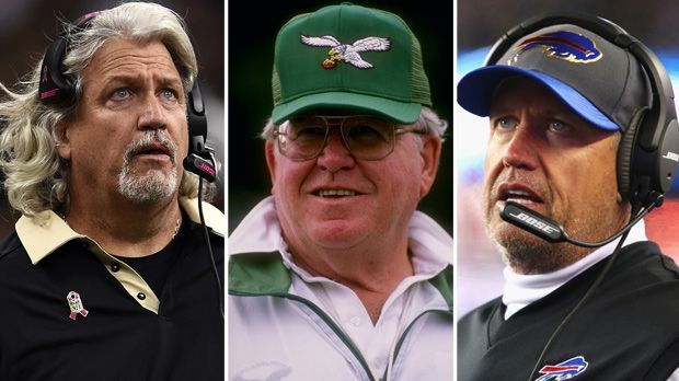 
                <strong>Rob, Buddy und Rex Ryan</strong><br>
                Familie Ryan: Das Triumvirat spielt zwar nie selbst in der NFL, macht aber als Trainer Karriere. Vater Buddy (Mi.) gewinnt als Defensive Line Coach mit den New York Jets und als Defensive Coordinator mit den Chicago Bears den Super Bowl. Bei den Philadelphia Eagles und den Arizona Cardinals agiert er als Head Coach. Seine Zwillings-Söhne Rex (re.) und Rob arbeiteten zuletzt bei den Buffalo Bills.
              