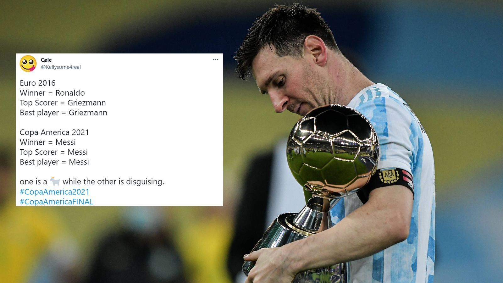 
                <strong>Einfach herausragend </strong><br>
                Lionel Messi hat bei Argentiniens Triumph bei der Copa America 2021 nicht nur den Titel mit seinem Team abgeräumt, sondern wurde zusätzlich noch zum besten Spieler des Turniers gewählt. Topscorer war der derzeit vereinslose Star zudem natürlich ebenfalls. Was eine Machtdemonstration Messis und das ausgerechnet in Brasilien, dem Land von Argentiniens größtem Rivalen. 
              