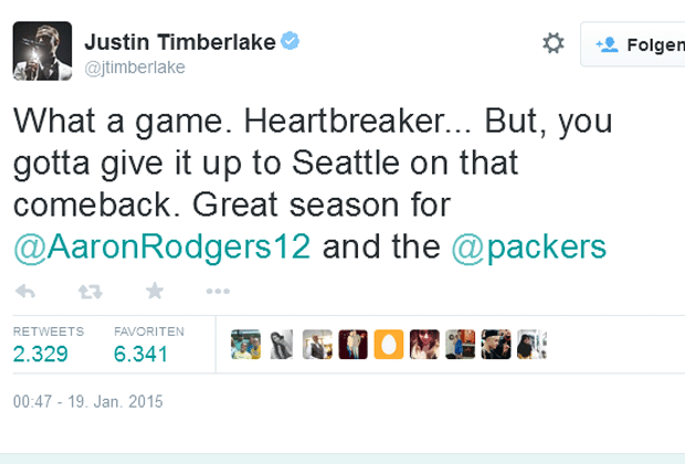 
                <strong>Justin Timberlake</strong><br>
                Packers-Fan Justin Timberlake steht seinem Team zur Seite, zollt dem Gegner aber auch Respekt. Löblich.
              