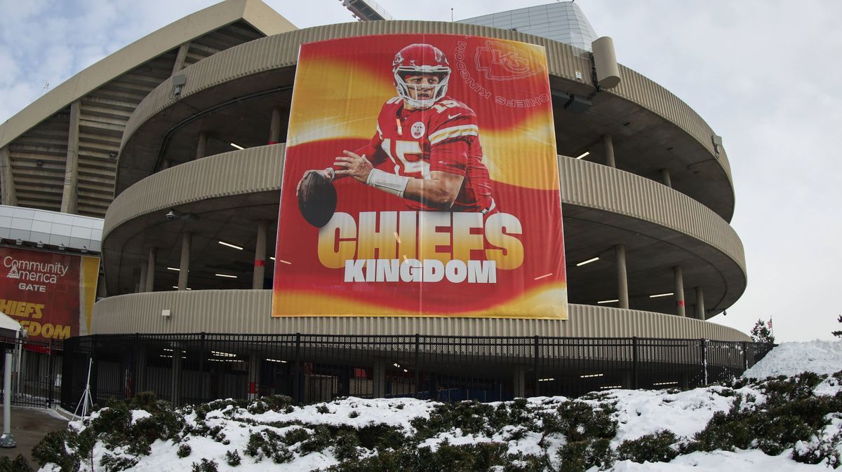 KANSAS CITY, MO - JANUARY 13: A general view of a Chiefs Kingdom Patrick Mahomes sign outside of GEHA Field at Arrowhead Stadium before an AFC Wild Card playoff game between the Miami Dolphins and ...