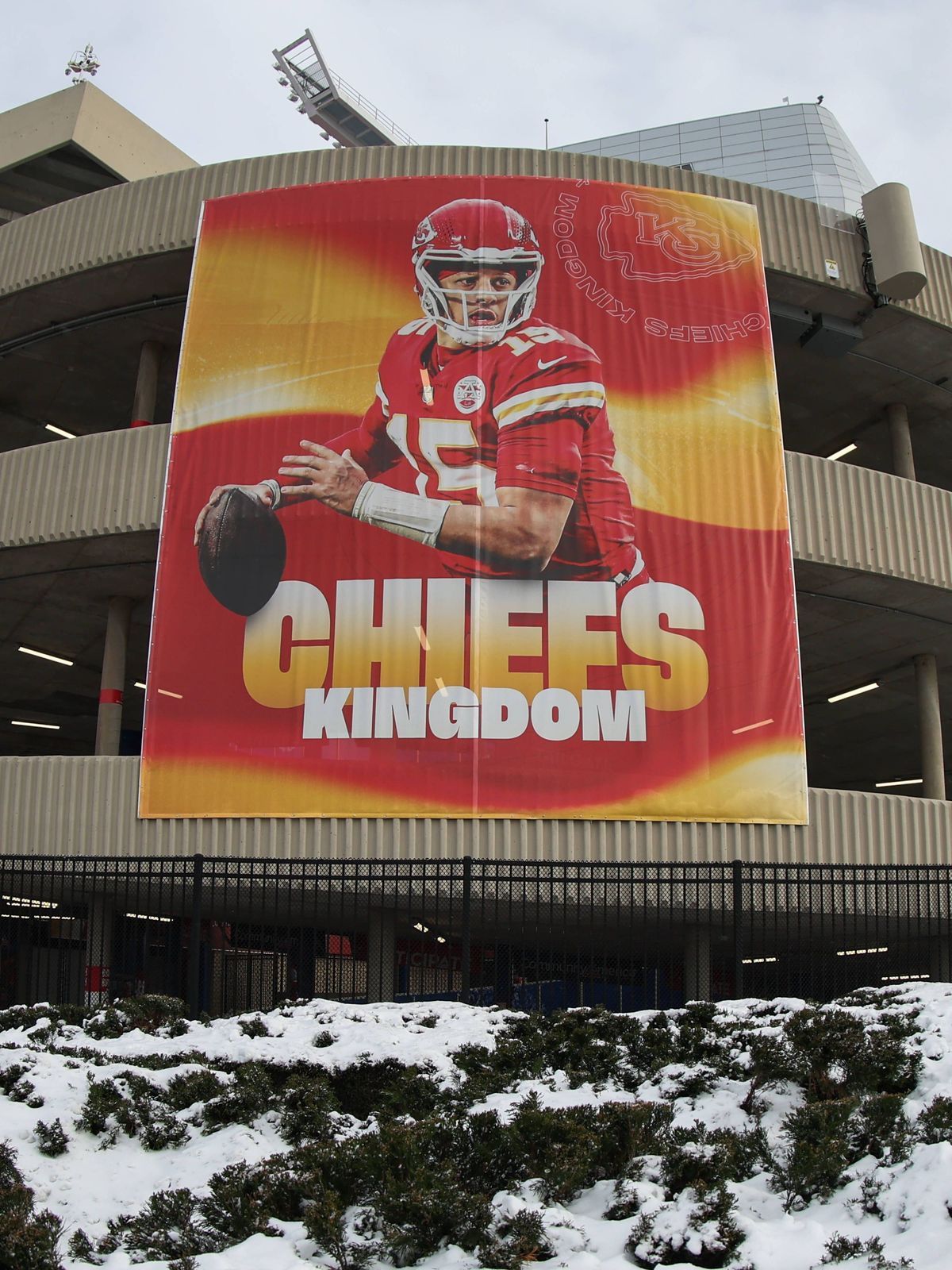 KANSAS CITY, MO - JANUARY 13: A general view of a Chiefs Kingdom Patrick Mahomes sign outside of GEHA Field at Arrowhead Stadium before an AFC Wild Card playoff game between the Miami Dolphins and ...