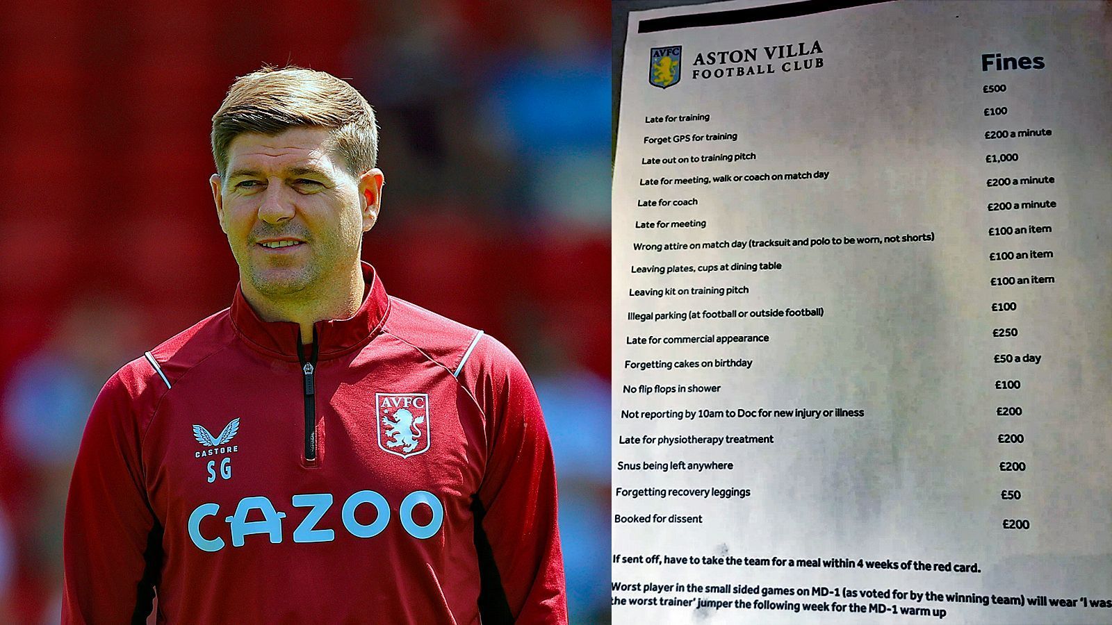 
                <strong>Steven Gerrards Strafenkatalog</strong><br>
                Der Beginn einer neuen Saison bedeutet auch meist einen neuen Strafkatalog für ein Team. Aston Villa-Coach Steven Gerrard hat sich dieses Mal wohl einen Besonderen überlegt und wurde sehr kreativ. Natürlich sind auch die gängigen Strafen vertreten. ran zeigt die möglichen Bestrafungen für Gerrards Spieler. 
              