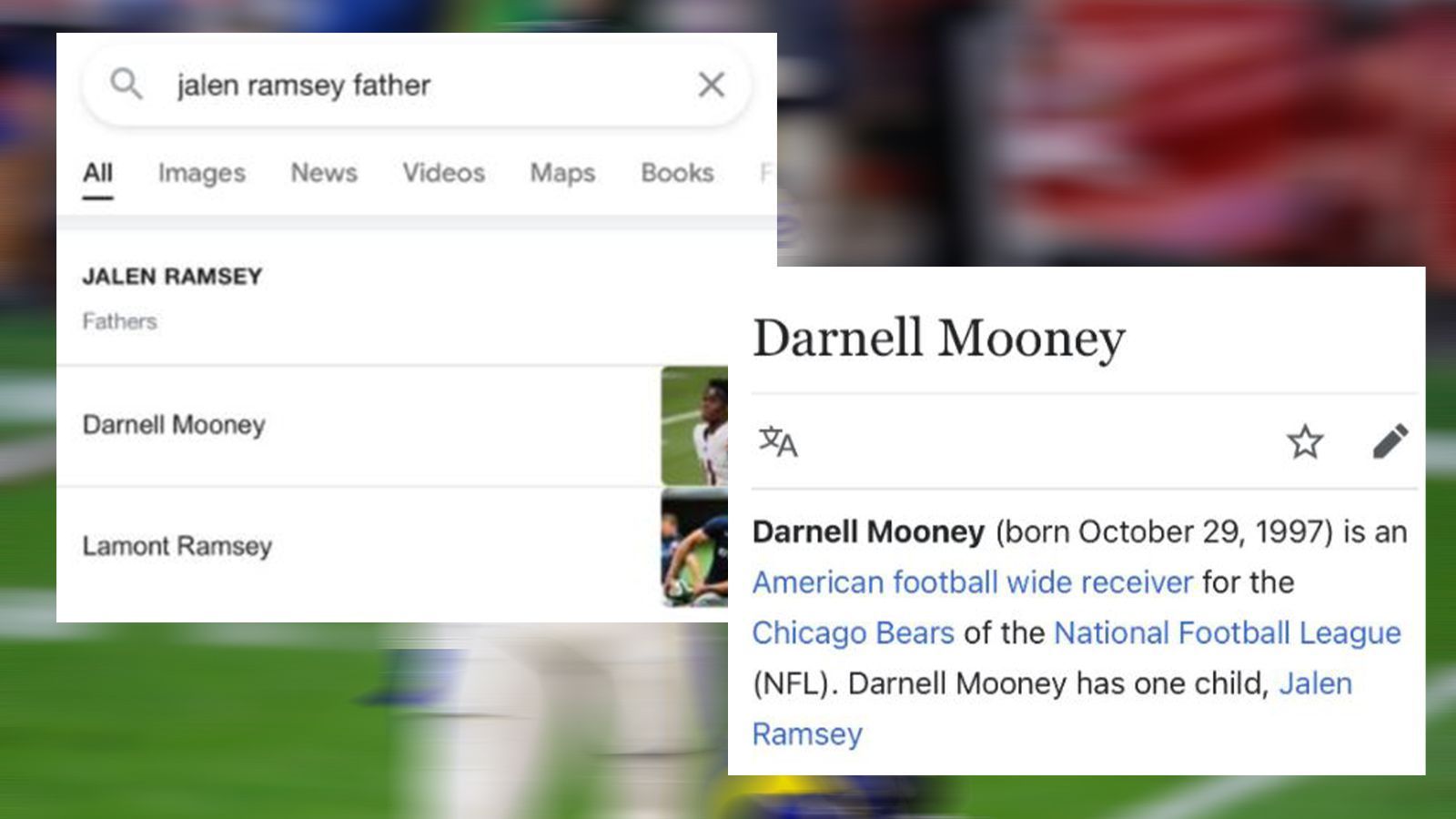 
                <strong>Bears-Fans nehmen Ramsey auf die Schippe</strong><br>
                In Wikipedia-Einträgen werden die Familienverhältnisse etwas durcheinander gebracht. Mooney ist Ramseys Vater - na gut. 
              