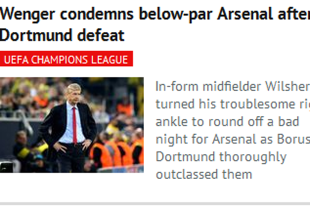 
                <strong>Daily Mirror</strong><br>
                Der Daily Mirror zieht über die komplette Arsenal-Mannschaft her, schreibt von einem unterdurchschnittlichen Team - so wie es auch Wenger sieht.
              