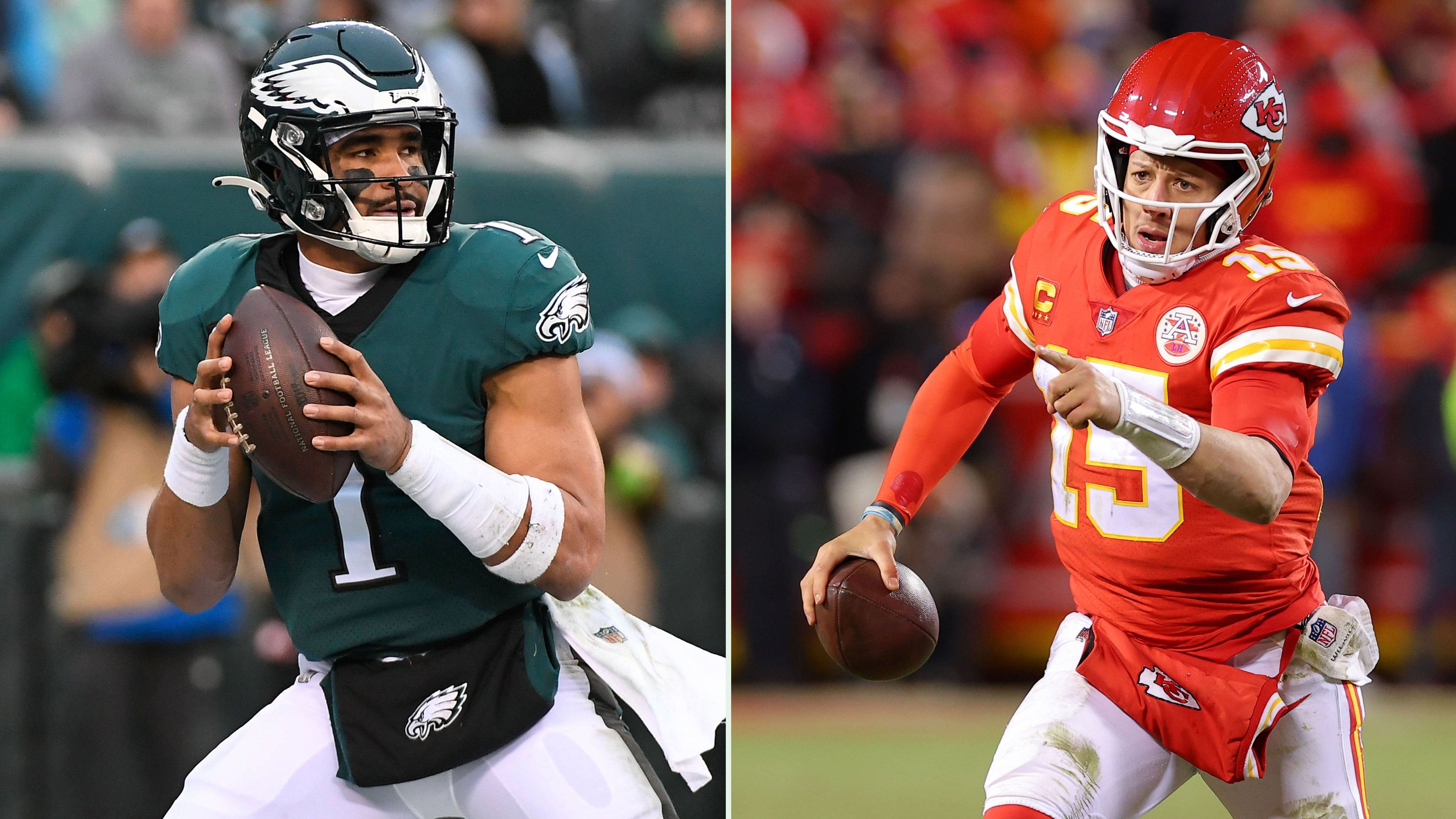 
                <strong>Quarterbacks</strong><br>
                Jalen Hurts spielt für die Eagles trotz zwischenzeitlicher Verletzungspause eine sehr starke Saison, dennoch hat der Eagles-Quarterback im Super Bowl im Positionsduell das Nachsehen. Sein Gegenüber Patrick Mahomes ist laut "Pro Football Focus" der am besten bewertete Quarterback in der NFL, seitdem der 27-Jährige 2018 zum Starter der Chiefs ernannt wurde. In dieser Saison ist er auf dem besten Weg, seinen zweiten MVP-Award einzufahren. Selbst nach dem Verlust von Star-Receiver Tyreek Hill in der Offseason warf Mahomes 5.251 Yards und 41 Touchdowns, fand dabei insgesamt elf verschiedene Receiver. Vor dem Duell mit den Cincinnati Bengals im AFC Championship Game kämpfte Mahomes noch mit einer Knöchelverstauchung. Laut Head Coach Andy Reid konnte der Playmaker aber unter der Woche bereits das gesamte Playbook auf dem Feld durchspielen. Und auch angeschlagen legte Mahomes gegen die Bengals mit 327 Passing Yards und zwei Touchdowns starke Zahlen auf. Einzig in Sachen Rushing hat Hurts klar die Überhand, im Ergebnis dennoch: Vorteil Chiefs - 0:1
              