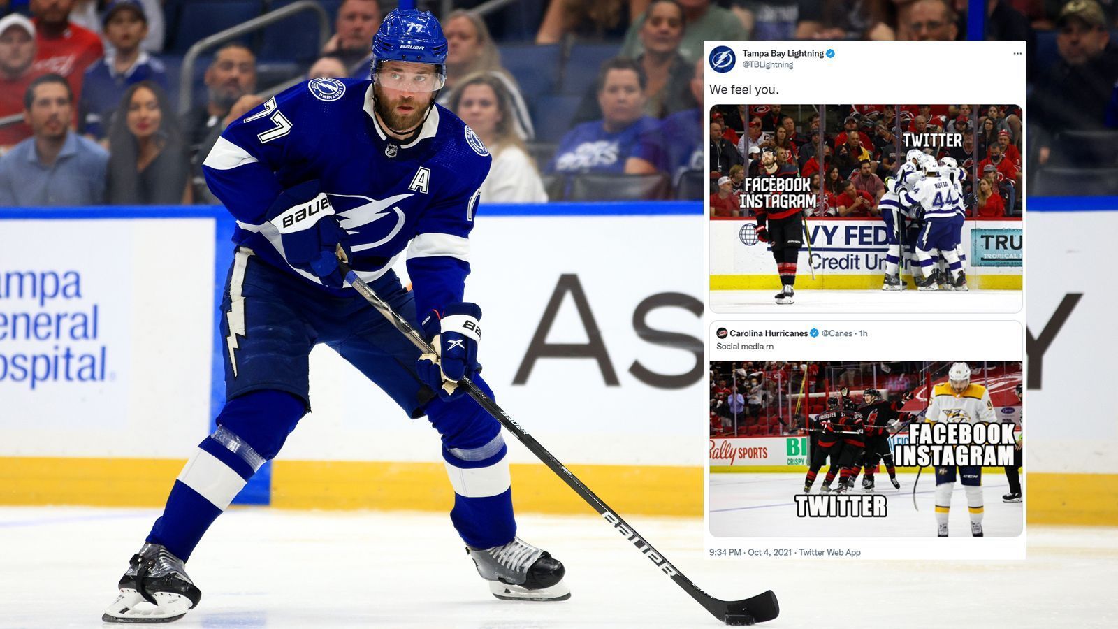 
                <strong>Tampa Bay Lightnings</strong><br>
                Die NHL-Teams Tampa Bay Lightnings und Carolina Hurricanes haben Spaß mit ihren Memes zum Social-Media-Ausfall.
              