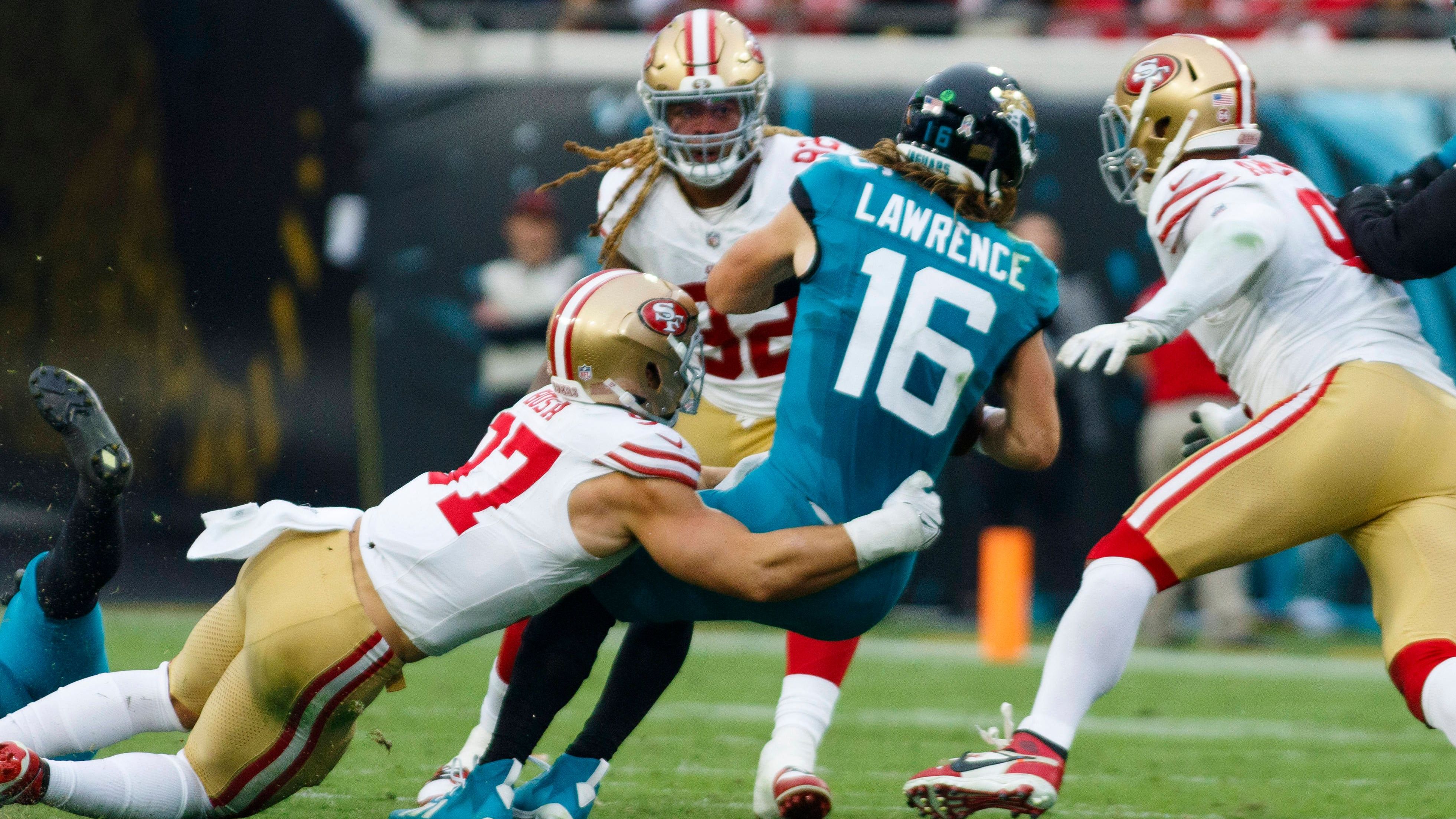 <strong>Geteilter 19. Platz: Jacksonville Jaguars</strong><br>Zugelassene Sacks: 41<br>Raumverlust durch zugelassene Sacks: <strong>251 Yards</strong><br>Spieler: Trevor Lawrence (35; 224 Yards), C.J. Beathard (6; 27 Yards)