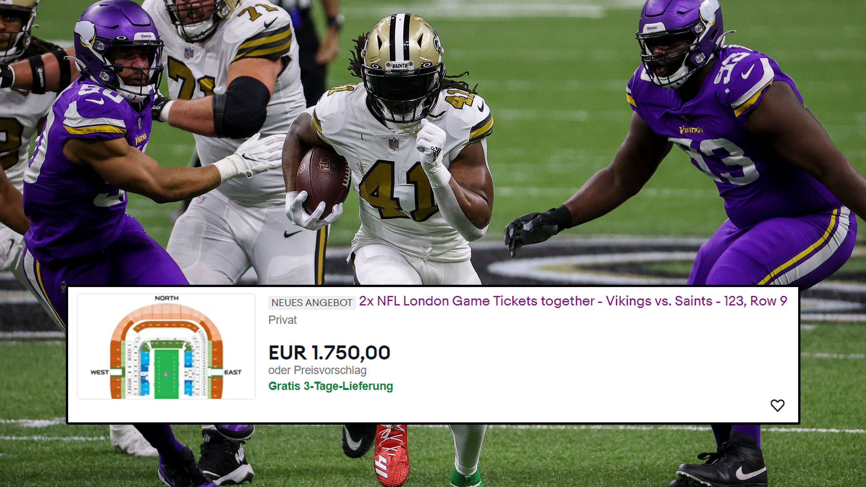 
                <strong>Vikings vs. Saints </strong><br>
                Einmal im Leben Alvin Kamara und die Saints-Offense in Aktion sehen? Dieser Fantraum ist nur einen Mausklick und sage und schreibe 1.750 Euro entfernt - aber immerhin ist der Versand umsonst.
              