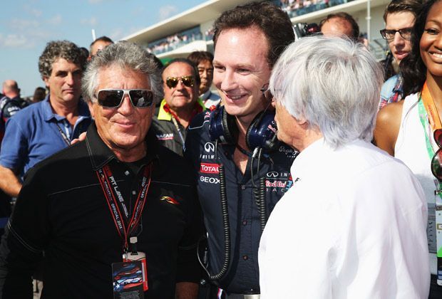 
                <strong>Legende und Botschafter</strong><br>
                Als einziger US-amerikanischer Formel-1-Weltmeister soll Mario Andretti seinen Landsleuten die Königsklasse schmackhaft machen. Der Champion von 1978 freut sich aber auch über ein Wiedersehen mit Red-Bull-Teamchef Christian Horner und Formel-1-Boss Bernie Ecclestone (v. l.)
              