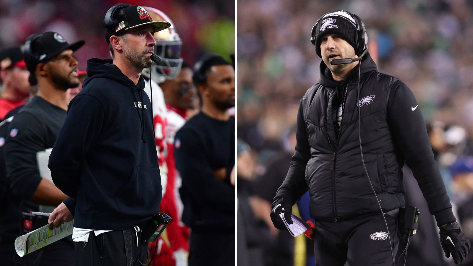 
                <strong>Coaches</strong><br>
                Sowohl Nick Sirianni (r.) als auch Kyle Shanahan sind Kandidaten für den Award als "Coach of the Year" - beide zu Recht. Sirianni hat dabei das vielleicht etwas talentiertere und "fertigere" Team und führte diese Spieler zum besten Record in der NFC. Auch Shanahan verfügt über Stars, aber es ist auch dem Head Coach zu verdanken, dass die 49ers den Verlust nicht nur ihres eigentlichen Starting Quarterbacks Trey Lance, sondern auch den von Backup Jimmy Garoppolo verkraftet haben. Dass Purdy so gut funktioniert, ist auch dem Head Coach zuzuschreiben - 5:5  
              