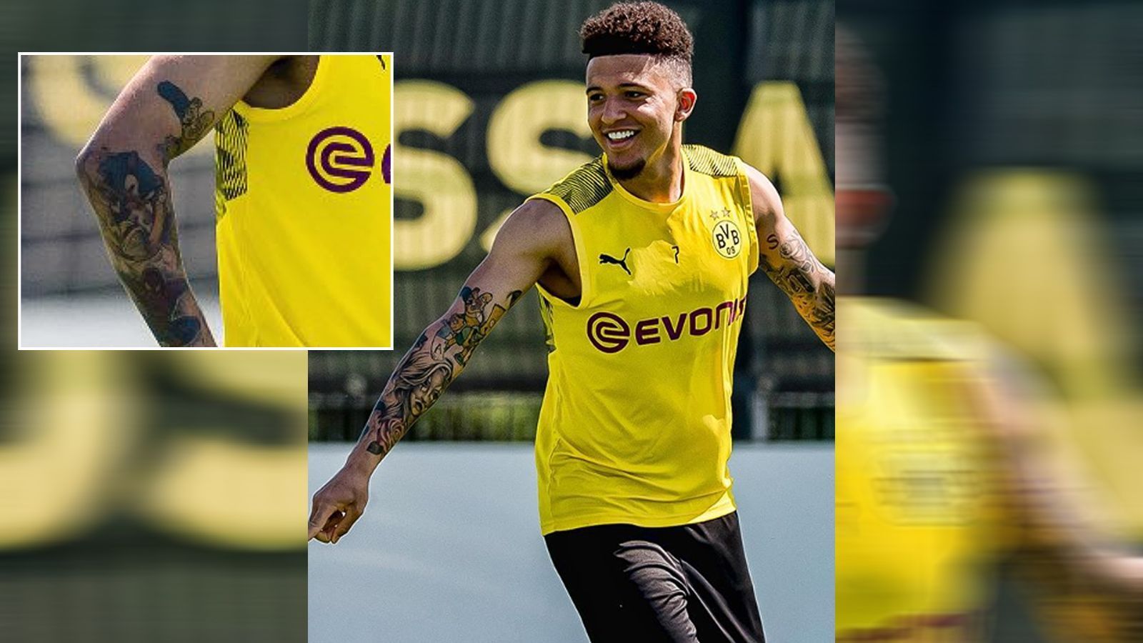 
                <strong>Jadon Sancho</strong><br>
                ... etwa einige Comic-Figuren. So sind auf seinem rechten Arm neben einigen Simpsons-Charakteren auch noch Sonic sowie Spiderman zu sehen. Konnte sich der 21 Jahre junge Nationalspieler da etwa nicht entscheiden, welche seine Lieblings-Comic-Figur ist und hat sich deshalb einfach alle tätowieren lassen? 
              