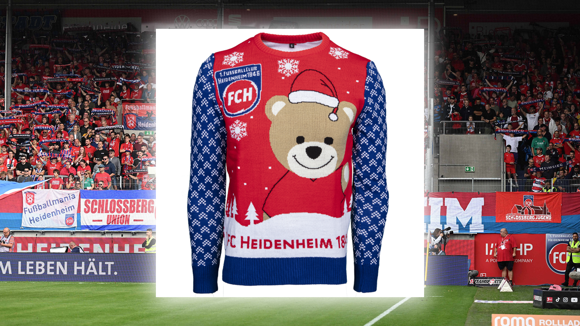 <strong>FC Heidenheim</strong><br>Wie bei anderen Bundesligisten ist auch beim FCH das Maskottchen Hauptdarsteller des Ugly Christmas Sweaters: Teddybär Paule mit Weihnachtsmütze!