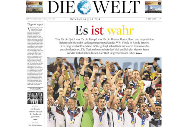 
                <strong>Die Welt </strong><br>
                Es ist kein Traum - Deutschland ist Weltmeister und so titelt "Die Welt": "Es ist wahr." 
              